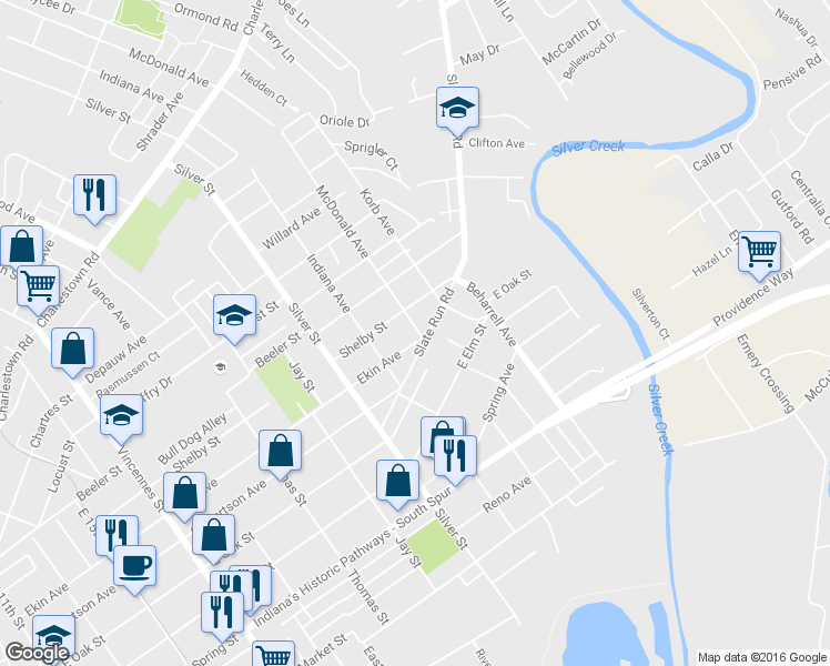 map of restaurants, bars, coffee shops, grocery stores, and more near 2233 East Oak Street in New Albany