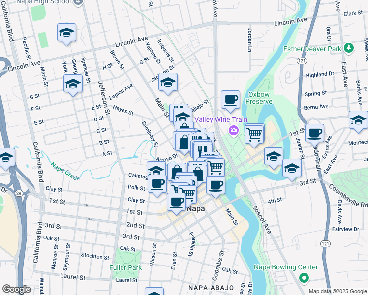 map of restaurants, bars, coffee shops, grocery stores, and more near 1030 Clinton Street in Napa