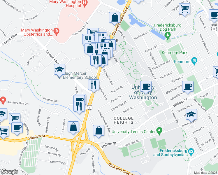 map of restaurants, bars, coffee shops, grocery stores, and more near 1306 Rowe Street in Fredericksburg
