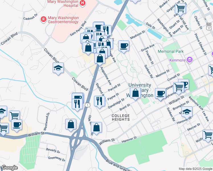 map of restaurants, bars, coffee shops, grocery stores, and more near 1306 Rowe Street in Fredericksburg