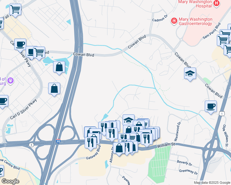 map of restaurants, bars, coffee shops, grocery stores, and more near 1107 Great Oaks Lane in Fredericksburg