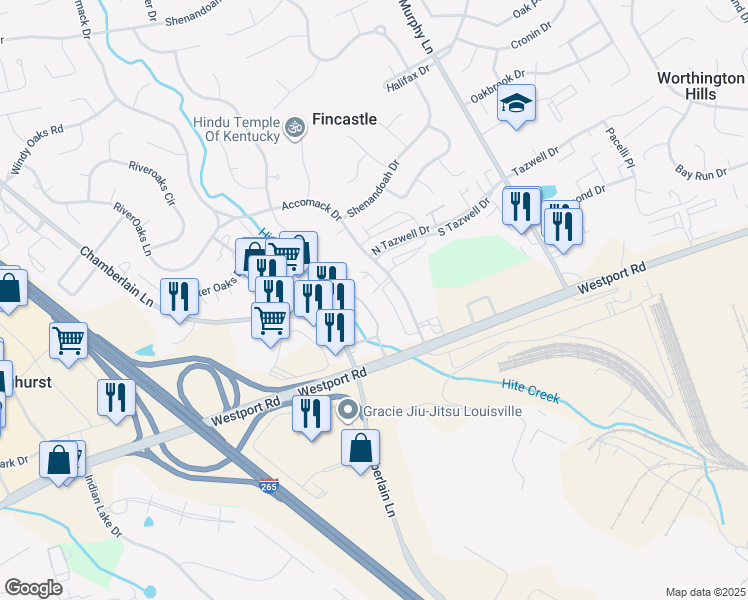 map of restaurants, bars, coffee shops, grocery stores, and more near 11514 Maple Brook Drive in Louisville