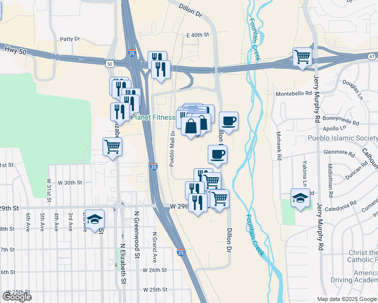 map of restaurants, bars, coffee shops, grocery stores, and more near 3201 Dillon Drive in Pueblo