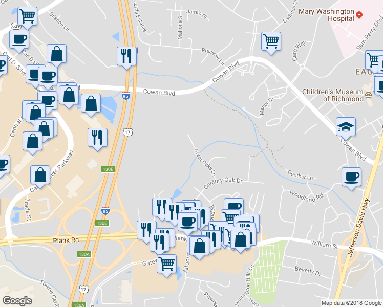 map of restaurants, bars, coffee shops, grocery stores, and more near 1107 Great Oaks Lane in Fredericksburg