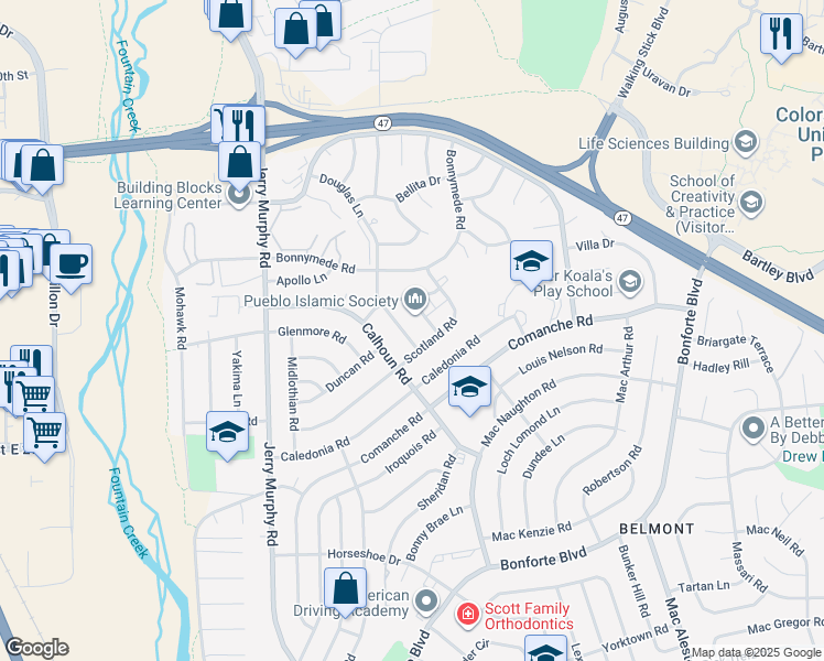 map of restaurants, bars, coffee shops, grocery stores, and more near 13 Douglas Lane in Pueblo