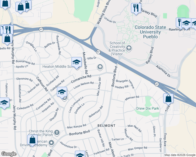 map of restaurants, bars, coffee shops, grocery stores, and more near 2115 Comanche Road in Pueblo