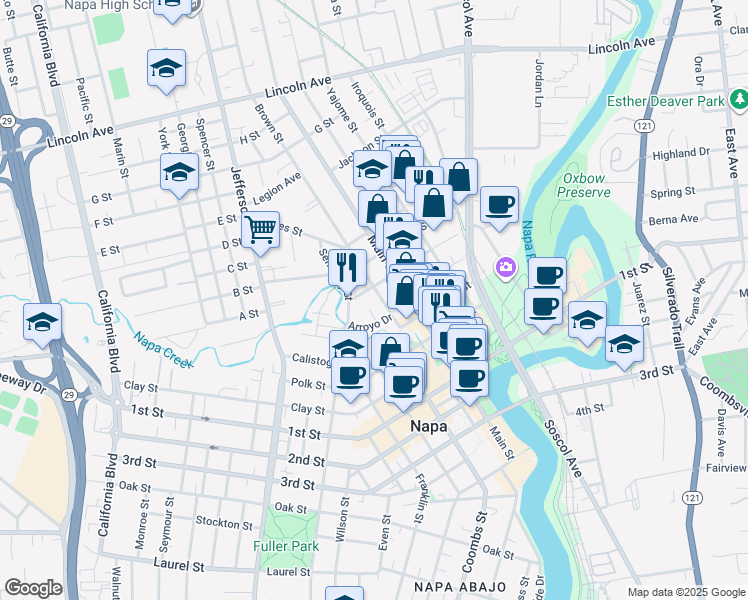 map of restaurants, bars, coffee shops, grocery stores, and more near 1030 Napa Street in Napa