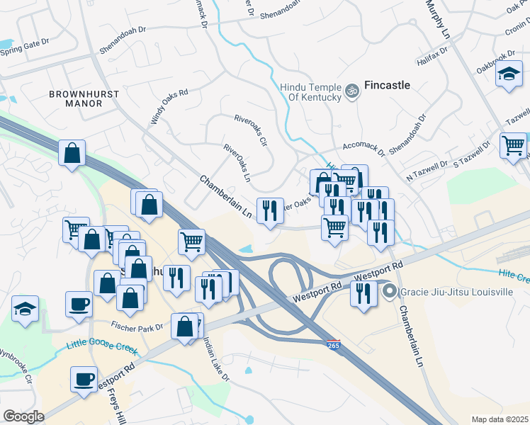map of restaurants, bars, coffee shops, grocery stores, and more near 3820 RiverOaks Lane in Louisville
