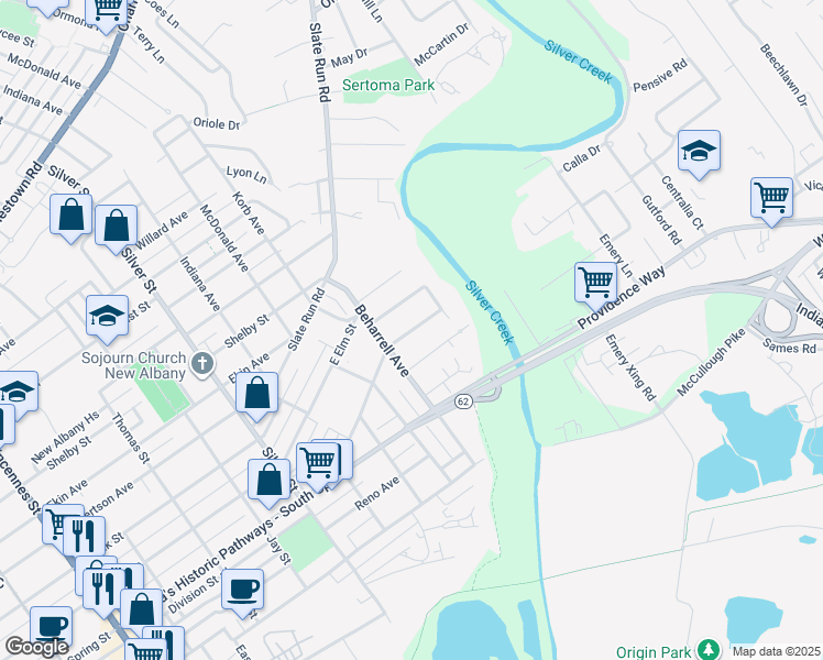 map of restaurants, bars, coffee shops, grocery stores, and more near 2522 East Elm Street in New Albany