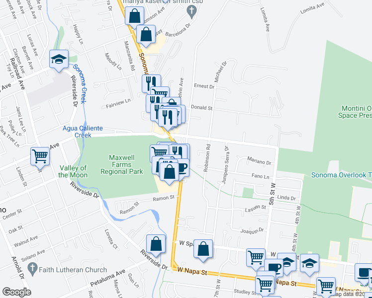 map of restaurants, bars, coffee shops, grocery stores, and more near 19052 Lomita Avenue in Sonoma