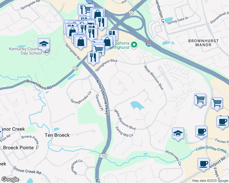 map of restaurants, bars, coffee shops, grocery stores, and more near 9608 Moorfield Circle in Louisville