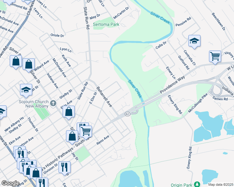 map of restaurants, bars, coffee shops, grocery stores, and more near 2522 East Elm Street in New Albany