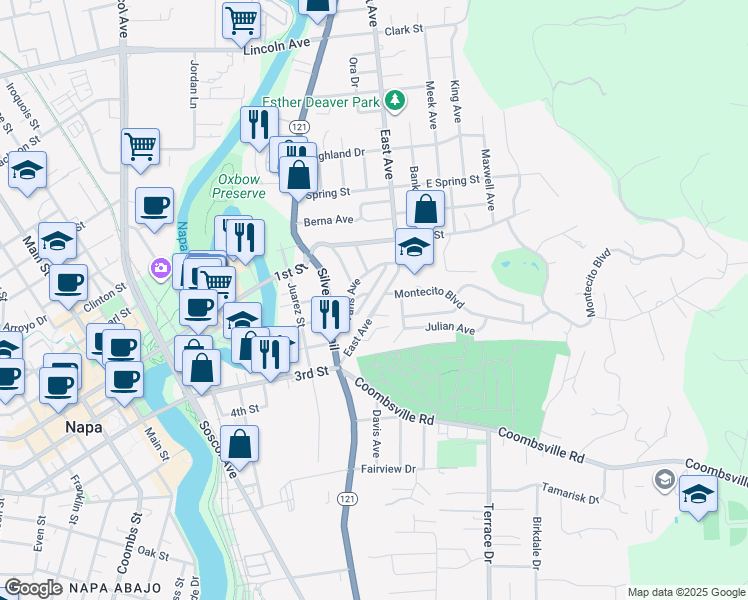 map of restaurants, bars, coffee shops, grocery stores, and more near 1156 Raymond Avenue in Napa