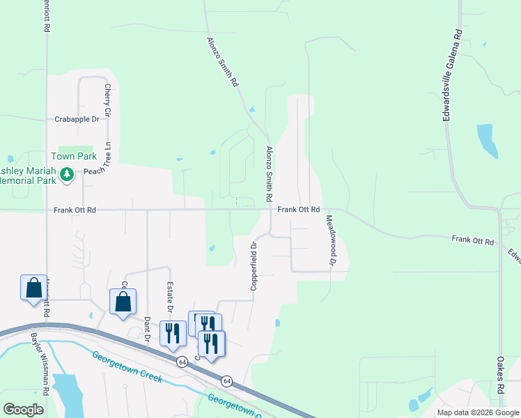 map of restaurants, bars, coffee shops, grocery stores, and more near 7464 Frank Ott Road in Georgetown