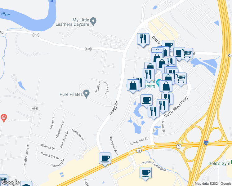 map of restaurants, bars, coffee shops, grocery stores, and more near 1604 Bragg Road in Fredericksburg