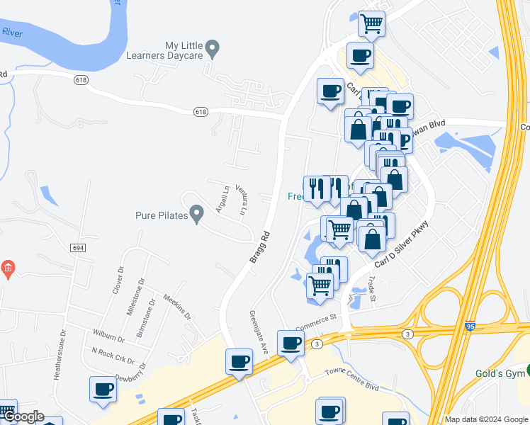map of restaurants, bars, coffee shops, grocery stores, and more near 1604 Bragg Road in Fredericksburg