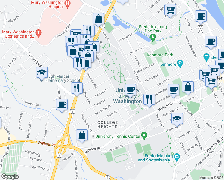 map of restaurants, bars, coffee shops, grocery stores, and more near 1514 College Avenue in Fredericksburg