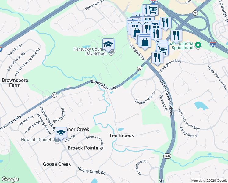 map of restaurants, bars, coffee shops, grocery stores, and more near 3707 10 Broeck Way in Louisville
