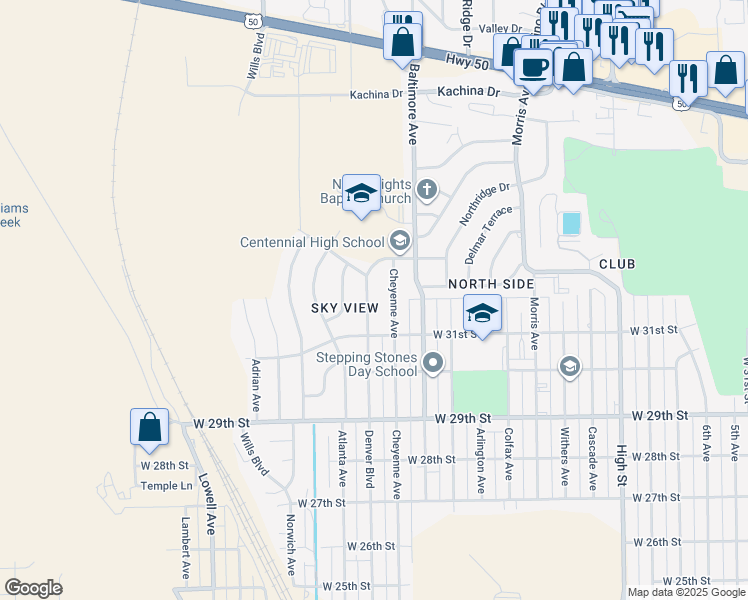 map of restaurants, bars, coffee shops, grocery stores, and more near 3200 Denver Boulevard in Pueblo