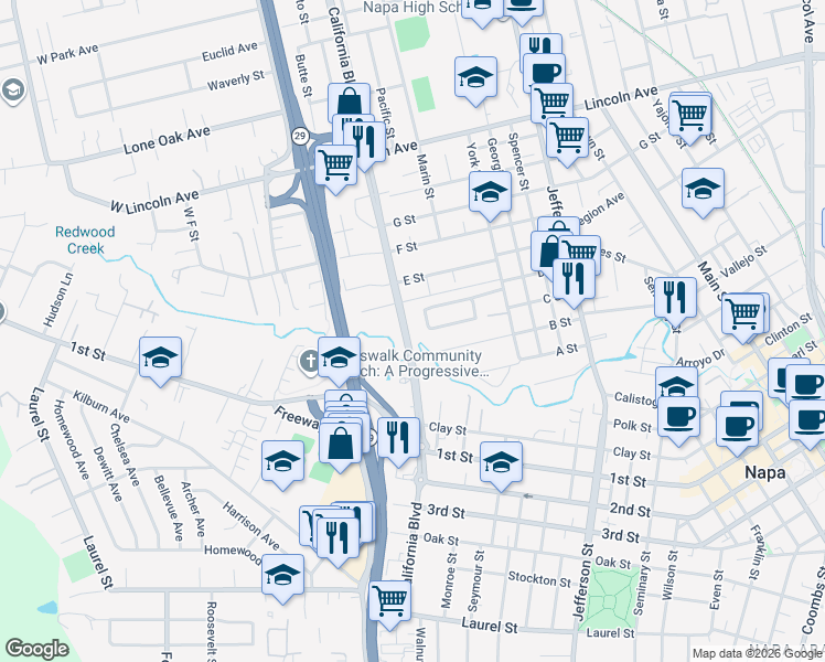 map of restaurants, bars, coffee shops, grocery stores, and more near 1698 D Street Alley in Napa
