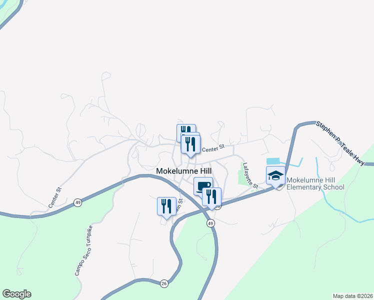 map of restaurants, bars, coffee shops, grocery stores, and more near 8481 Peek Circle in Mokelumne Hill