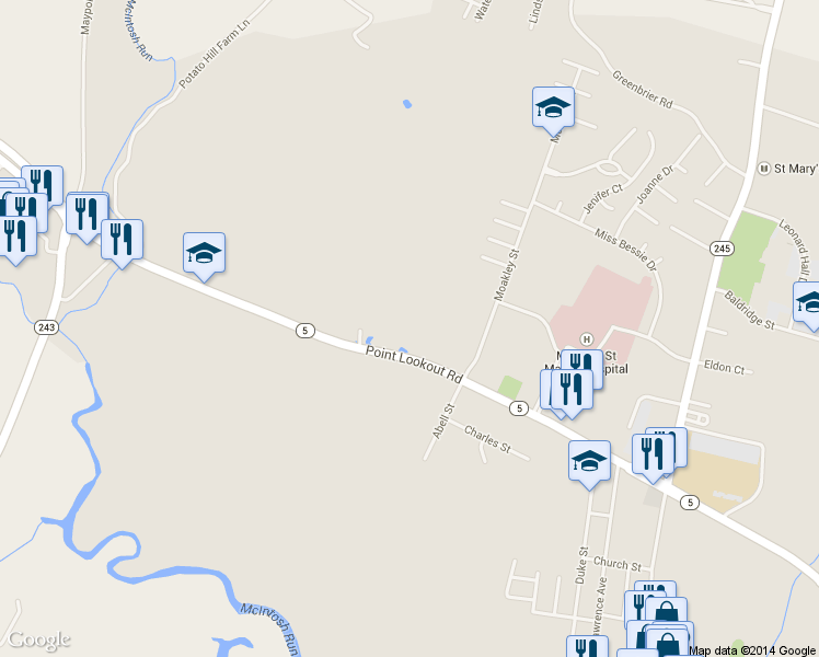 map of restaurants, bars, coffee shops, grocery stores, and more near 25686 Point Lookout Road in Leonardtown