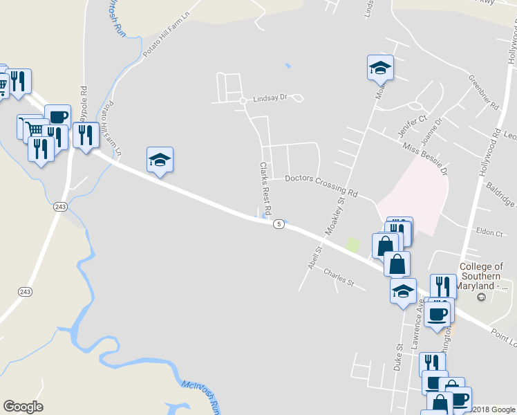map of restaurants, bars, coffee shops, grocery stores, and more near 23208 Clarks Rest Lane in Leonardtown