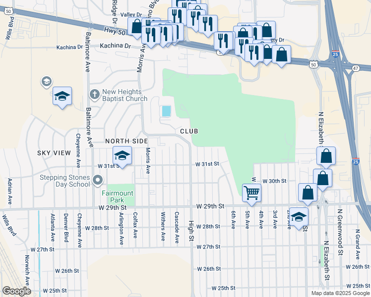 map of restaurants, bars, coffee shops, grocery stores, and more near 3127 High Street in Pueblo