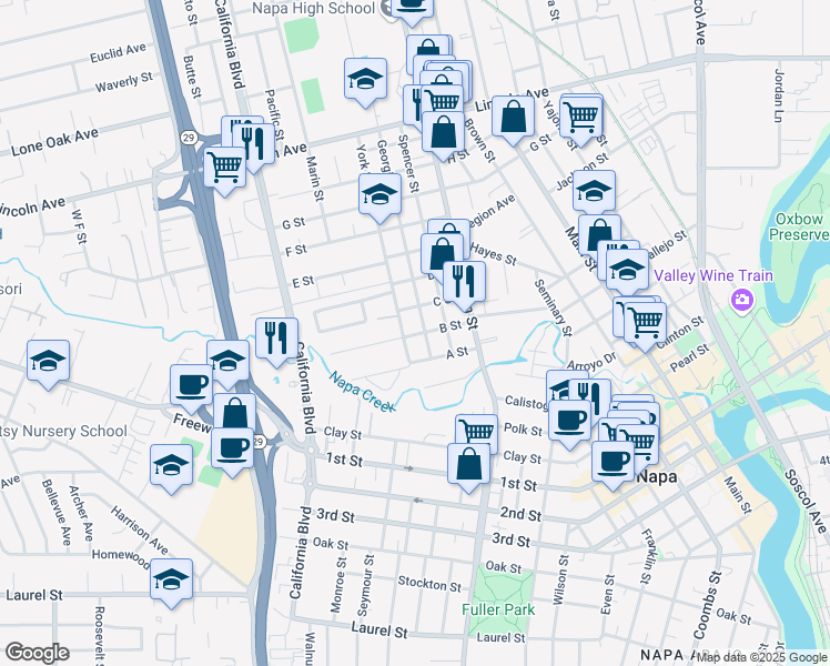 map of restaurants, bars, coffee shops, grocery stores, and more near 1521 C Street in Napa