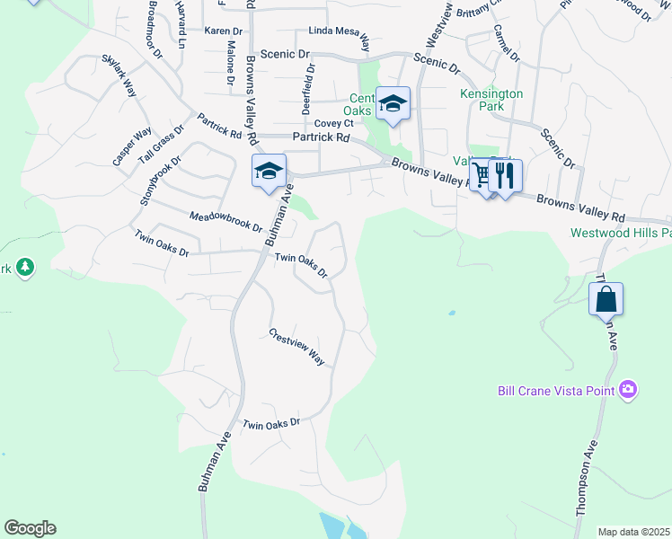 map of restaurants, bars, coffee shops, grocery stores, and more near 1019 Round Hill Court in Napa