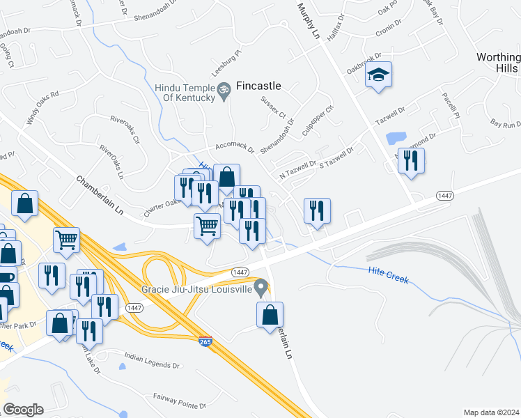 map of restaurants, bars, coffee shops, grocery stores, and more near 11502 Maple Brook Drive in Louisville