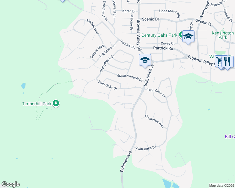 map of restaurants, bars, coffee shops, grocery stores, and more near 3531 Twin Oaks Drive in Napa