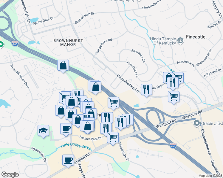 map of restaurants, bars, coffee shops, grocery stores, and more near 3753 Chamberlain Court in Louisville