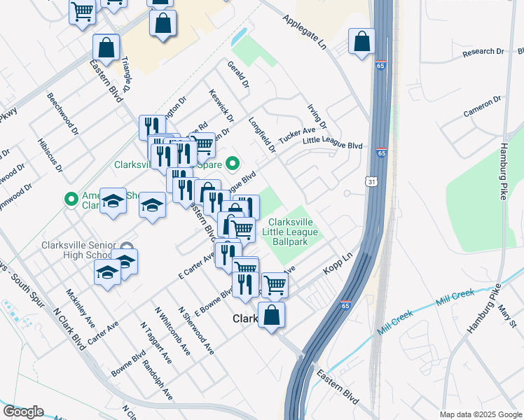 map of restaurants, bars, coffee shops, grocery stores, and more near 700 Eastern Boulevard in Clarksville