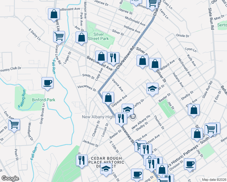 map of restaurants, bars, coffee shops, grocery stores, and more near 1737 Florence Avenue in New Albany