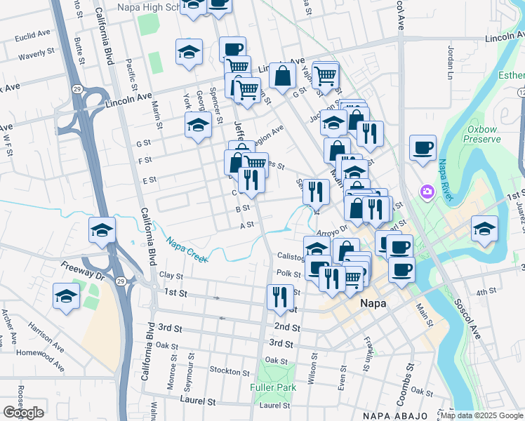 map of restaurants, bars, coffee shops, grocery stores, and more near 1268 Eggleston Street in Napa