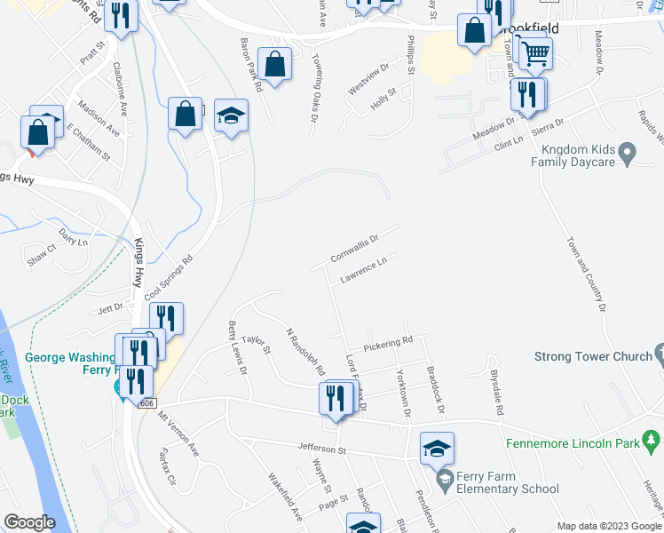 map of restaurants, bars, coffee shops, grocery stores, and more near 31 Lord Fairfax Drive in Fredericksburg