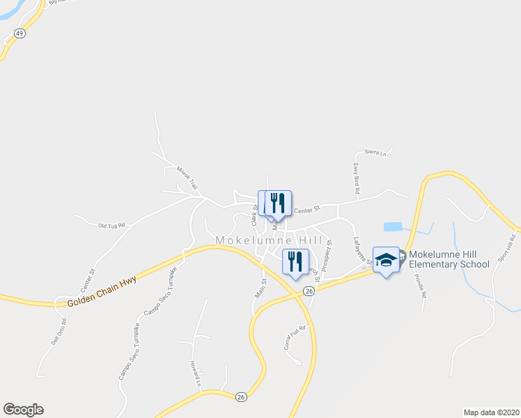 map of restaurants, bars, coffee shops, grocery stores, and more near 8365 Stevenson Street in Mokelumne Hill