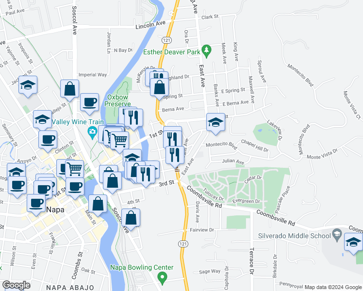 map of restaurants, bars, coffee shops, grocery stores, and more near 1115 Willow Avenue in Napa