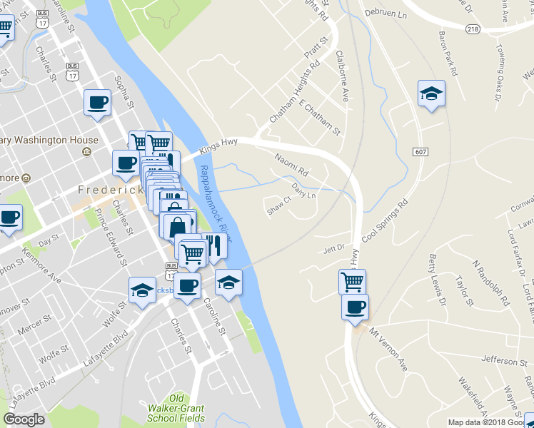 map of restaurants, bars, coffee shops, grocery stores, and more near 1005 Shaw Court in Fredericksburg