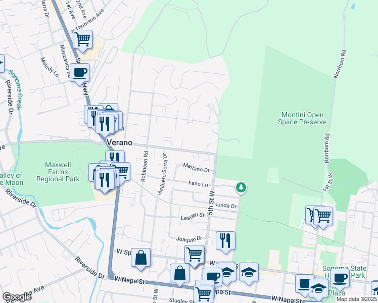 map of restaurants, bars, coffee shops, grocery stores, and more near 610 Verano Avenue in Sonoma
