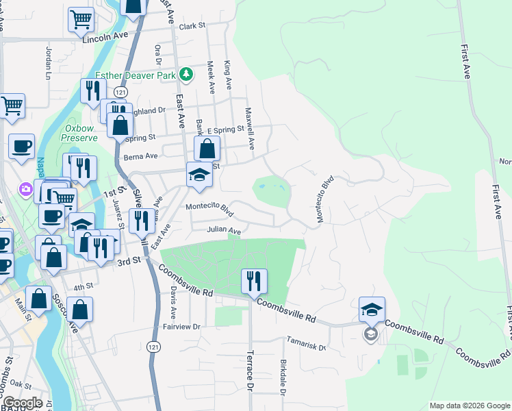map of restaurants, bars, coffee shops, grocery stores, and more near 34 Chapel Hill Drive in Napa