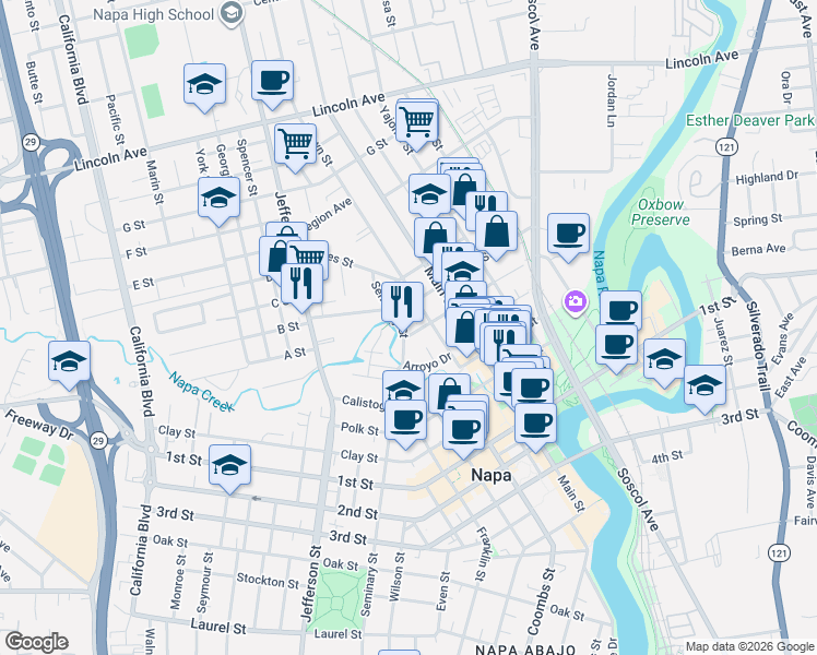 map of restaurants, bars, coffee shops, grocery stores, and more near 1591-1587 Seminary Street in Napa