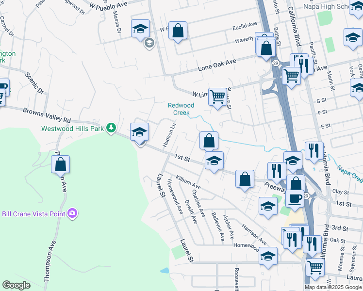 map of restaurants, bars, coffee shops, grocery stores, and more near 119 Elodia Circle in Napa
