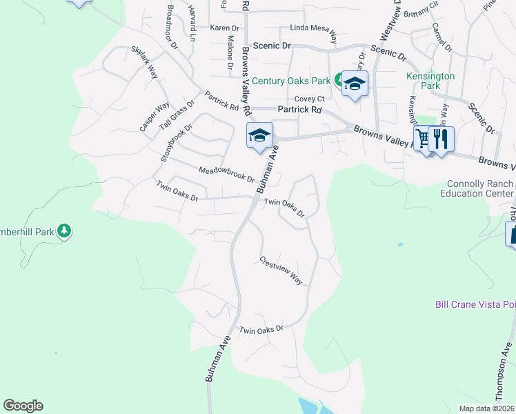 map of restaurants, bars, coffee shops, grocery stores, and more near 3448 Twin Oaks Drive in Napa
