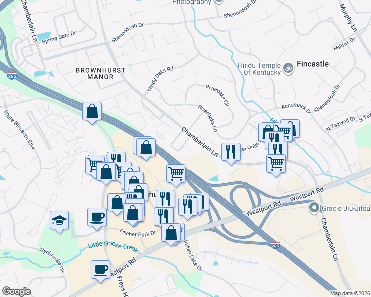 map of restaurants, bars, coffee shops, grocery stores, and more near 3702 Chamberlain Court in Louisville