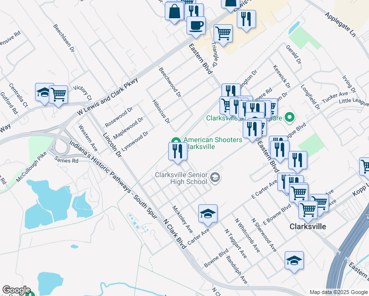 map of restaurants, bars, coffee shops, grocery stores, and more near 107 West Maple Court in Clarksville
