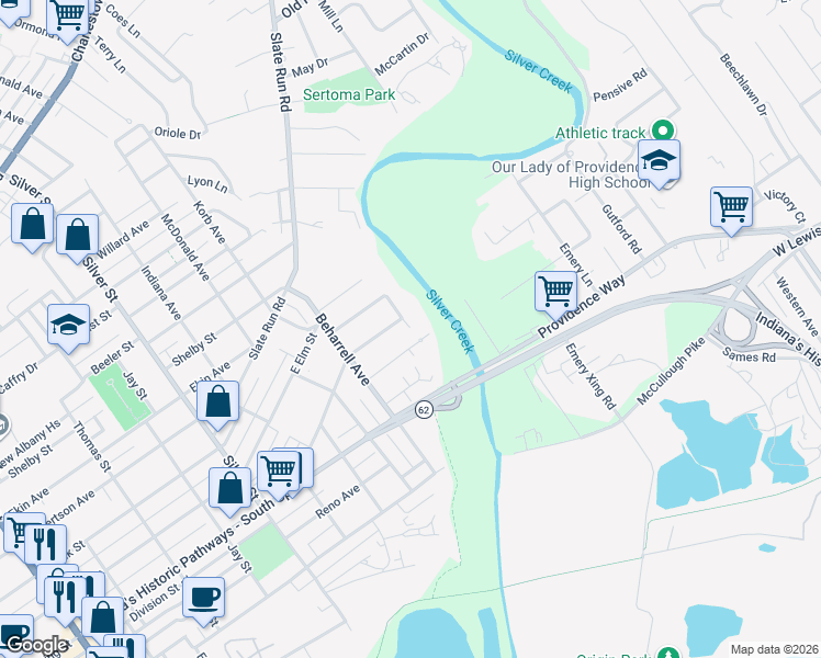 map of restaurants, bars, coffee shops, grocery stores, and more near 440 Virginia Avenue in New Albany