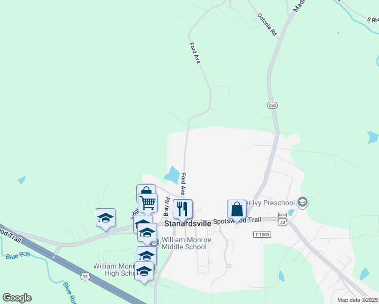 map of restaurants, bars, coffee shops, grocery stores, and more near 416 Ford Avenue in Stanardsville