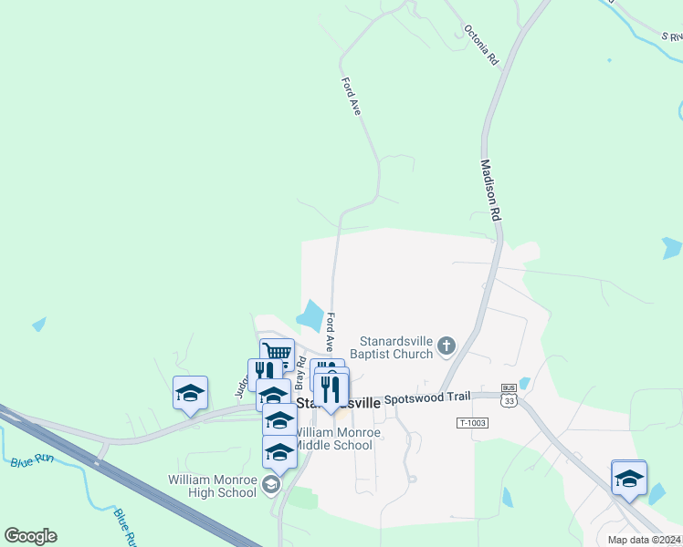 map of restaurants, bars, coffee shops, grocery stores, and more near 416 Ford Avenue in Stanardsville